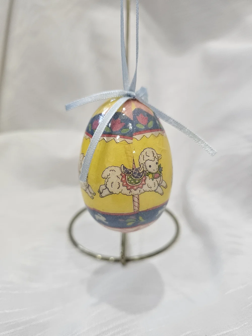 Vintage Paper Mache Yellow Lamb Carousel Hanging Easter Egg